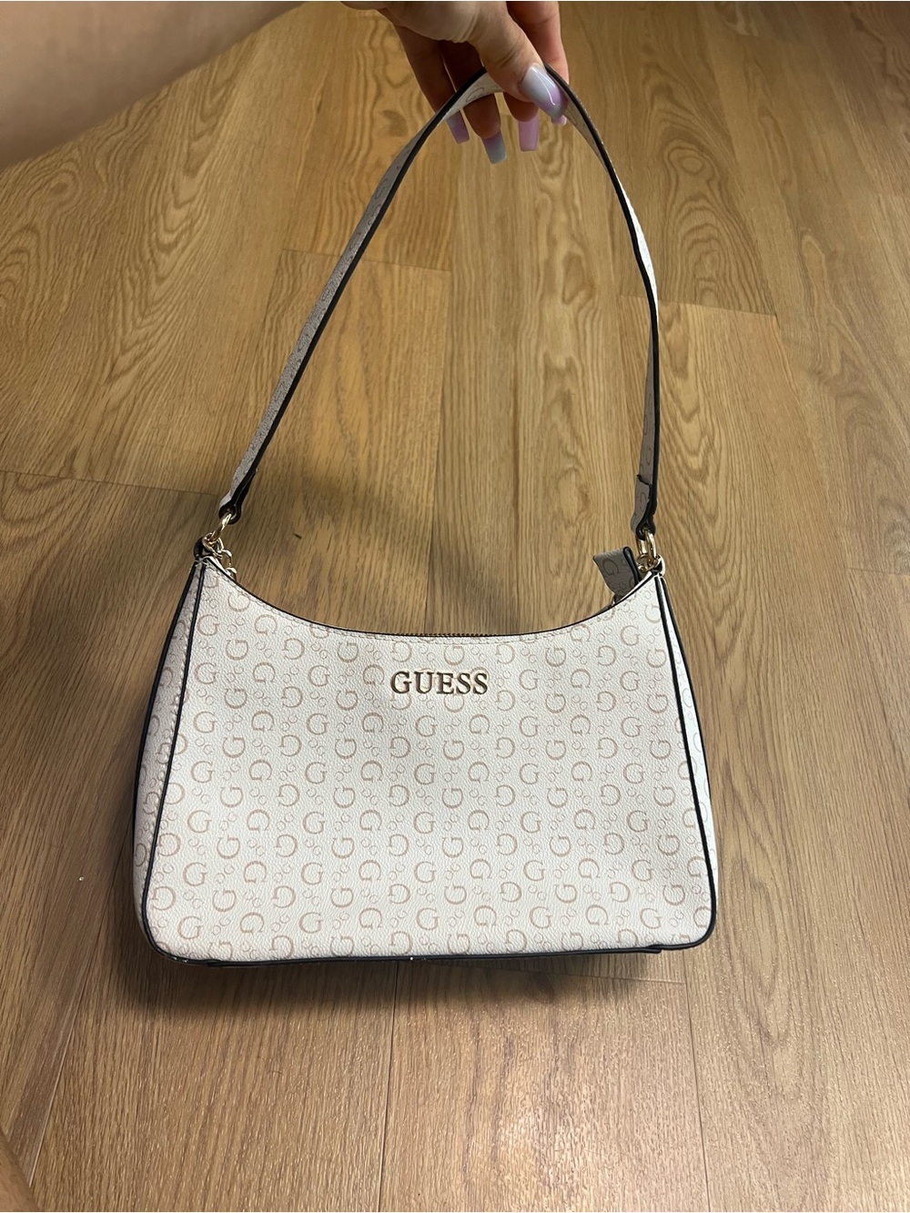 GUESS Cream Logo Monogram Shoulder Bag with Black Trim